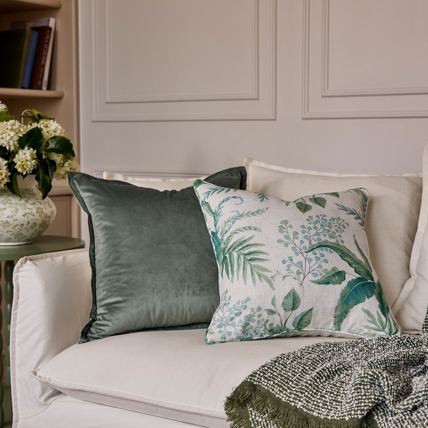 Madras Link Fern Blue Green Cushion 50cm - lifestyle styling shot