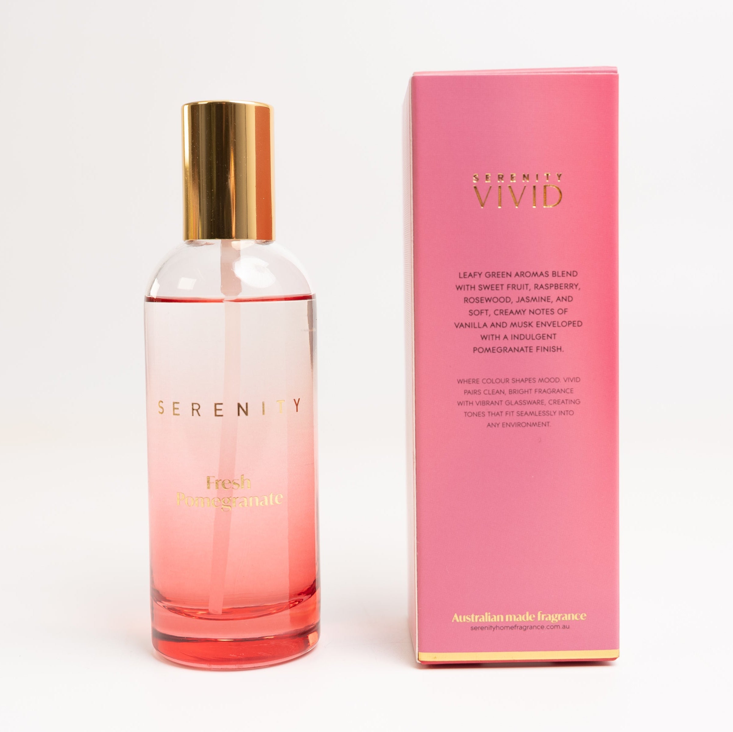 Serenity Vivid Fresh Pomegranate 100ml Room Spray fragrance notes on pack