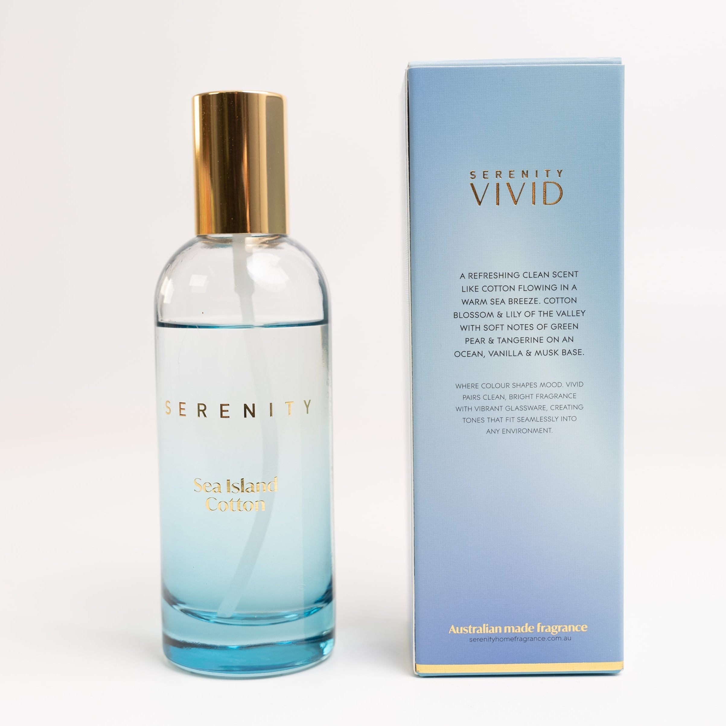 Serenity Vivid Sea Island Cotton 100ml Room Spray fragrance notes on pack