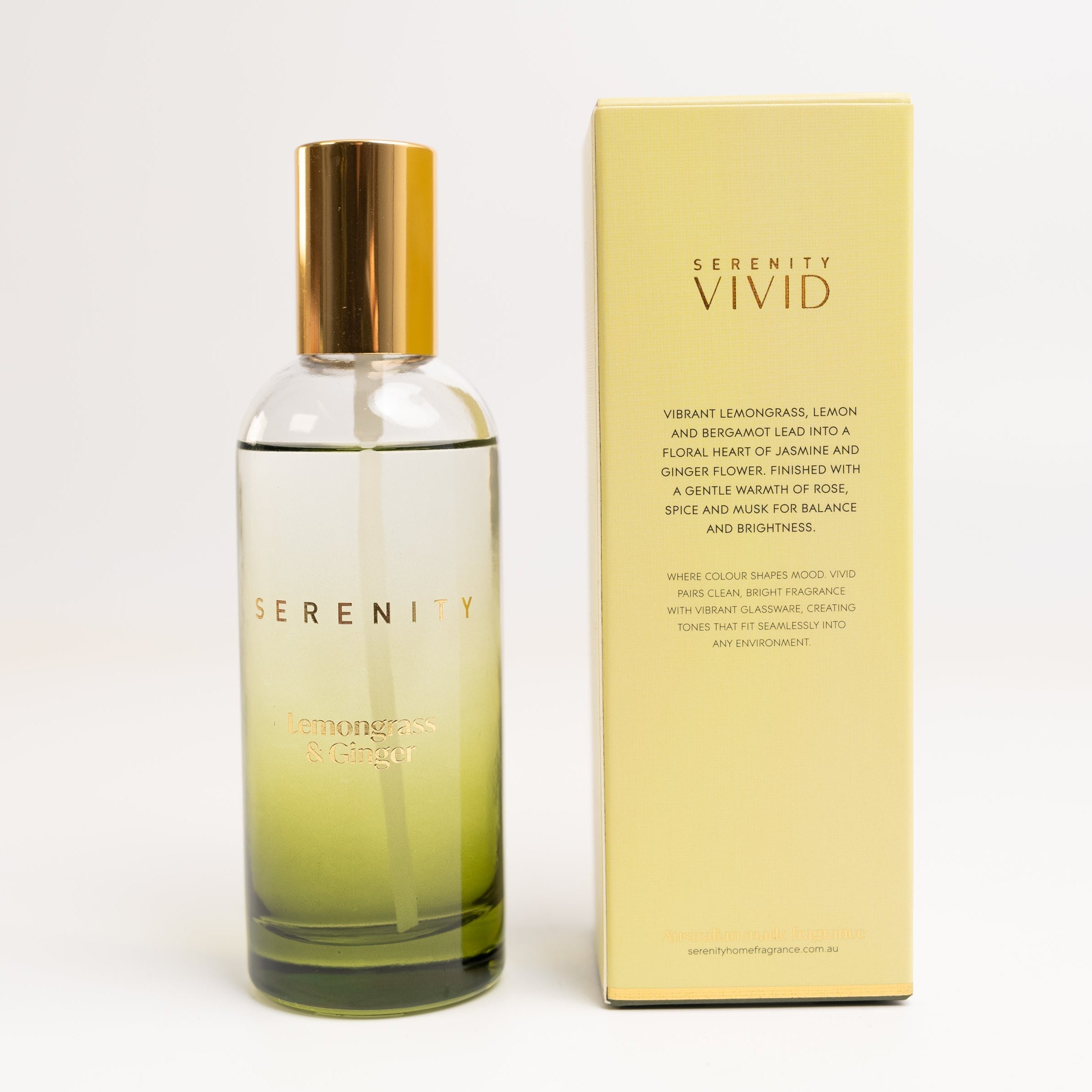 Serenity Vivid Lemongrass & Ginger 100ml Room Spray fragrance notes on pack