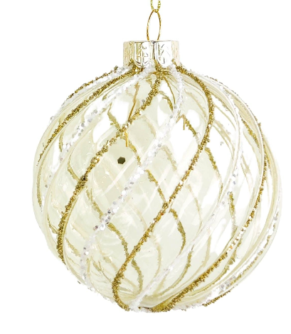 Glass Christmas Bauble - Round, Ivory & Gold 8cm - Urban