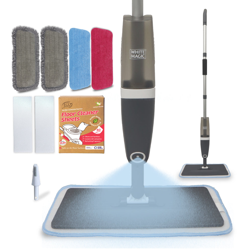 White Magic spray mop fine-mist 360 swivel head — hard floor cleaning