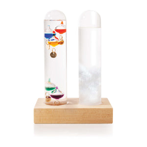 Maverick Galileo thermometer detail — five floating calibrated glass bulbs