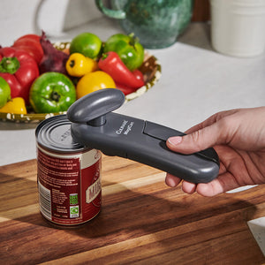 SKU 7501N Culinare MagiCan Can Opener Smooth Edge Grey opening a can one-handed