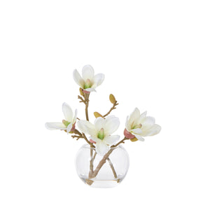 Mini magnolia faux arrangement in glass sphere vase, white