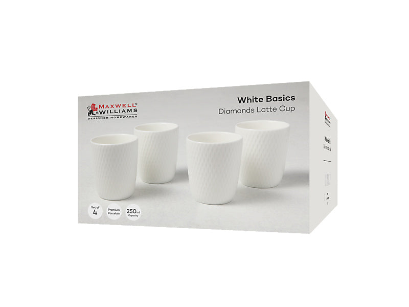 Maxwell & Williams White Basics Diamonds Latte Cup Set of 4 White 250ml - gift box packaging