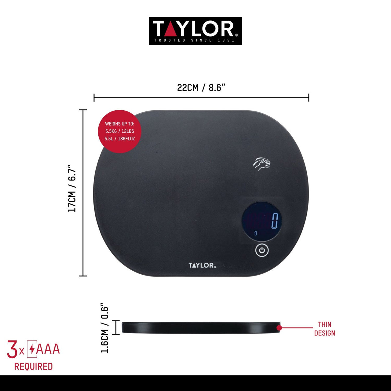 Taylor Pro Digital Kitchen Scale 5kg Touchless Tare - view 8