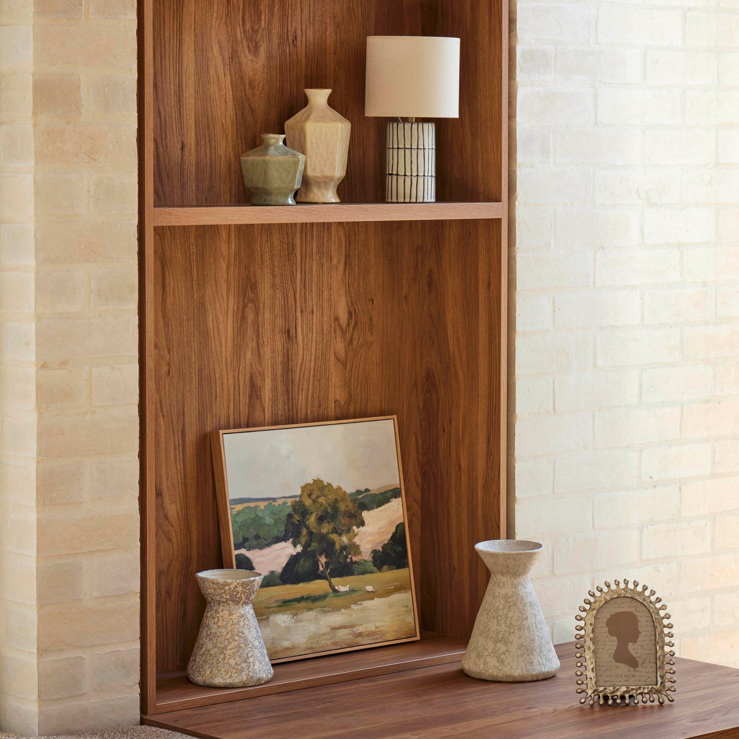 Amalfi Lido Vase 23cm White Pebble styled on a timber shelf