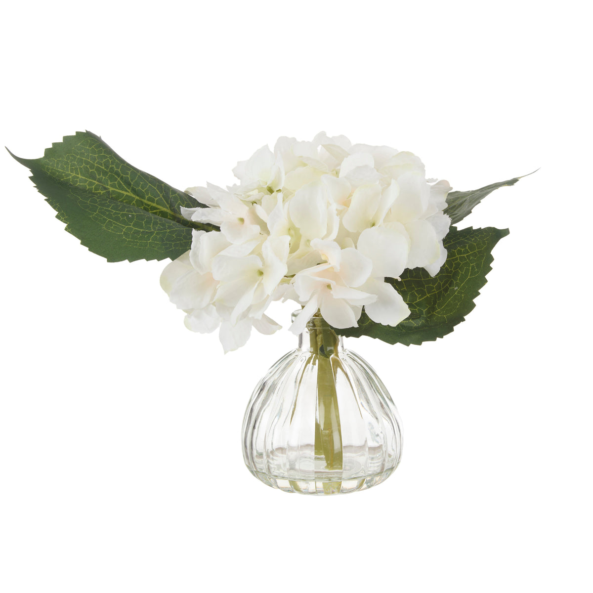 Rogue Hydrangea in clear glass vase White - artificial stem arrangement, 22cm