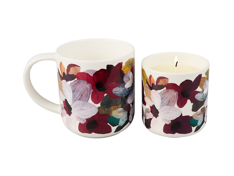 Love Anna Magnolia candle and mug set lit - warm burgundy tones