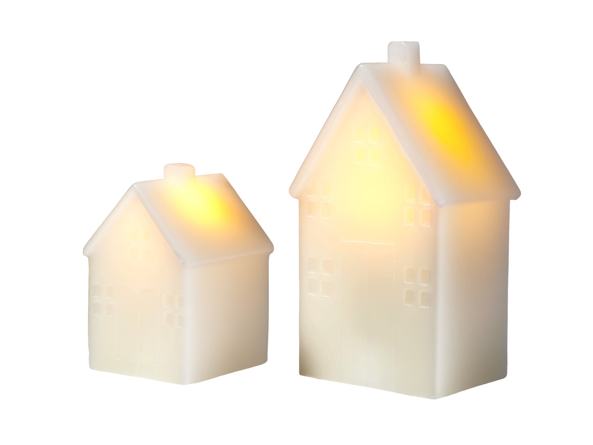 Let's Get Lit Christmas LED house candle set of 2 in cream, lit, angled view – Maxwell & Williams