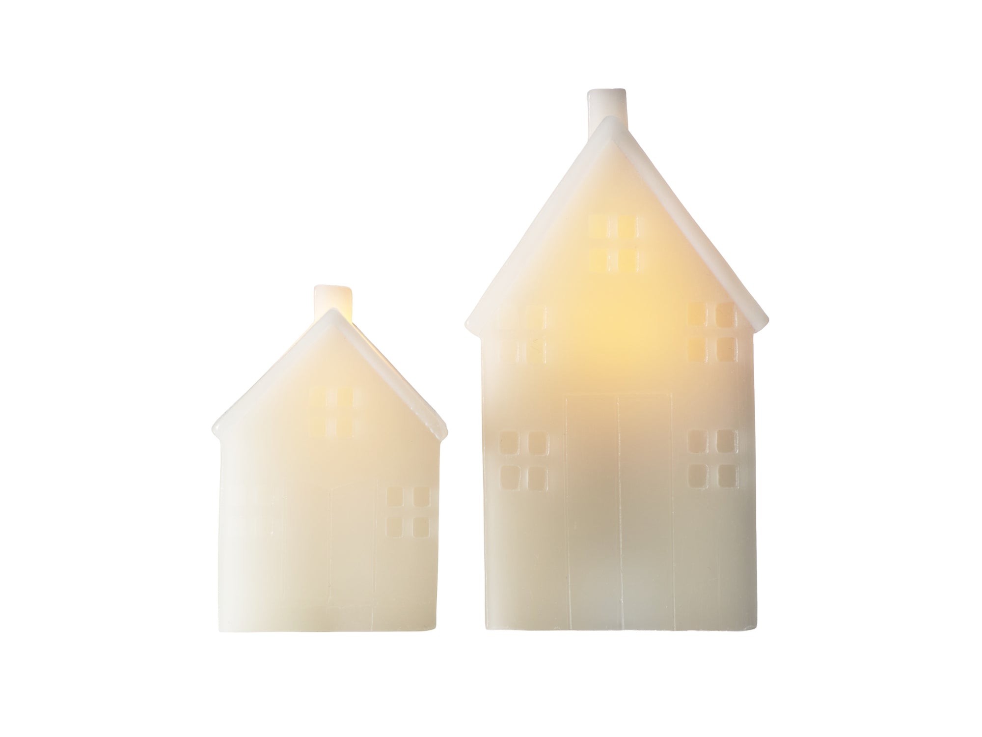 Let's Get Lit Christmas LED house candle set of 2 in cream, lit, front view – Maxwell & Williams