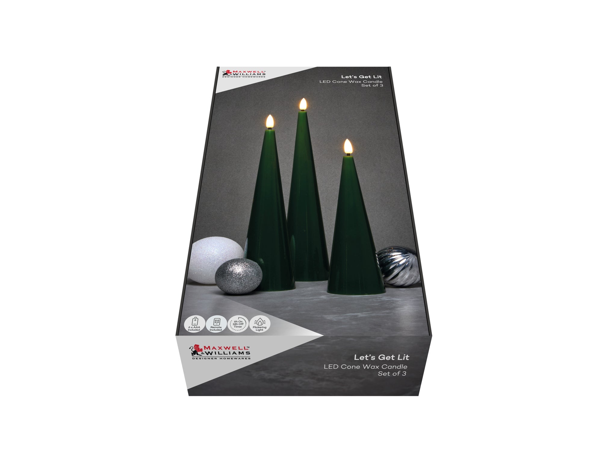 Let's Get Lit Christmas LED cone candle set of 3 in pine green, gift boxed – Maxwell & Williams