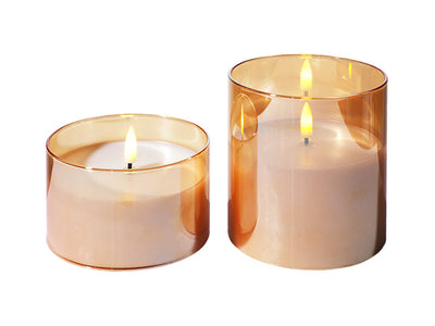 Gold glass hurricane LED candles, angled view