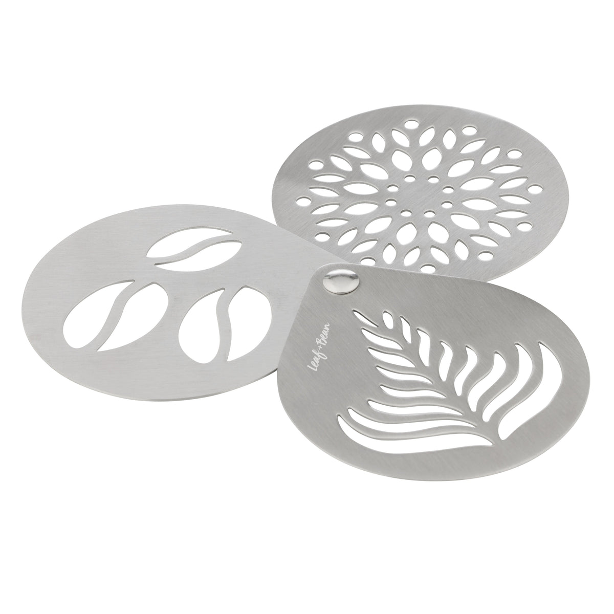 Leaf and Bean Stainless Steel Coffee Stencils 3 piece set - leaf and bean pattern stencils