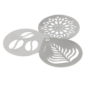 Leaf and Bean Stainless Steel Coffee Stencils 3 piece set - leaf and bean pattern stencils