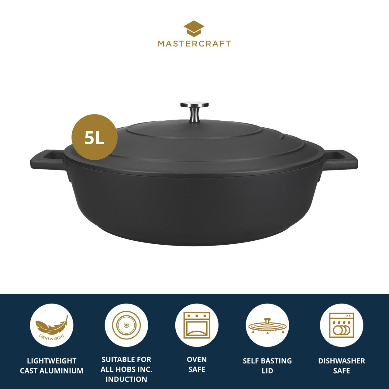 Mastercraft Cast Aluminium Shallow Casserole 5L 32cm Black - view 8