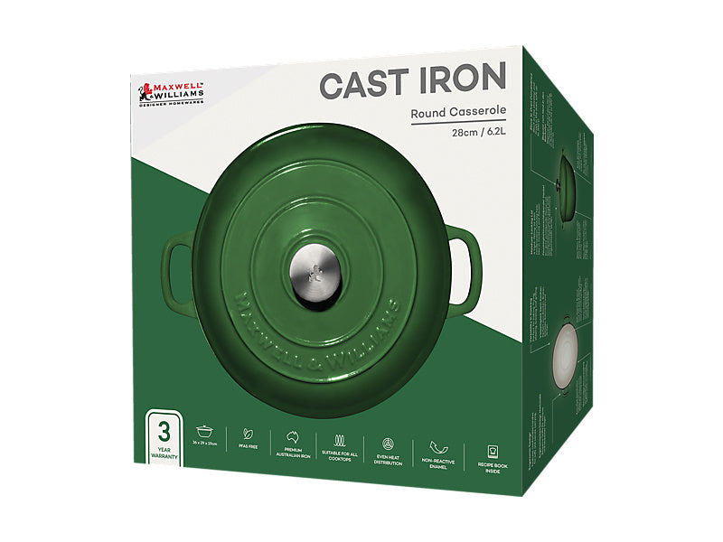 Maxwell & Williams Cast Iron Round Casserole English Racing Green 28cm 6.2L - gift boxed packaging