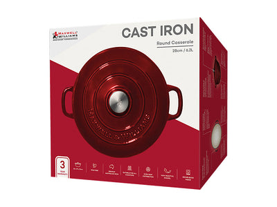 Maxwell & Williams Cast Iron Round Casserole Merlot 28cm 6.2L gift boxed - packaging shot