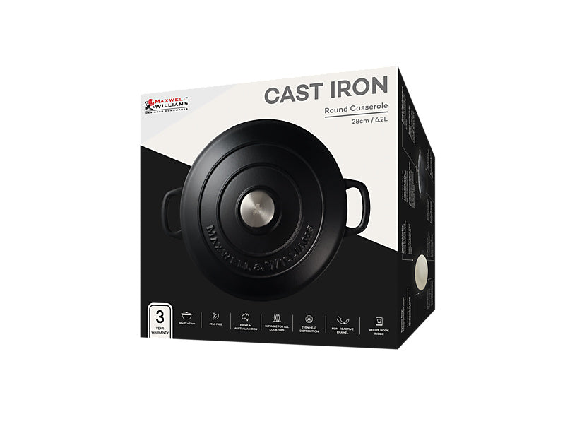 Maxwell & Williams Cast Iron Round Casserole 28cm Black - gift box packaging