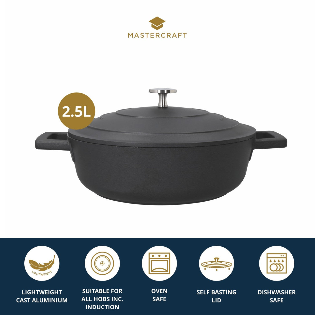 Mastercraft Cast Aluminium Shallow Casserole 2.5L 24cm Black - view 6