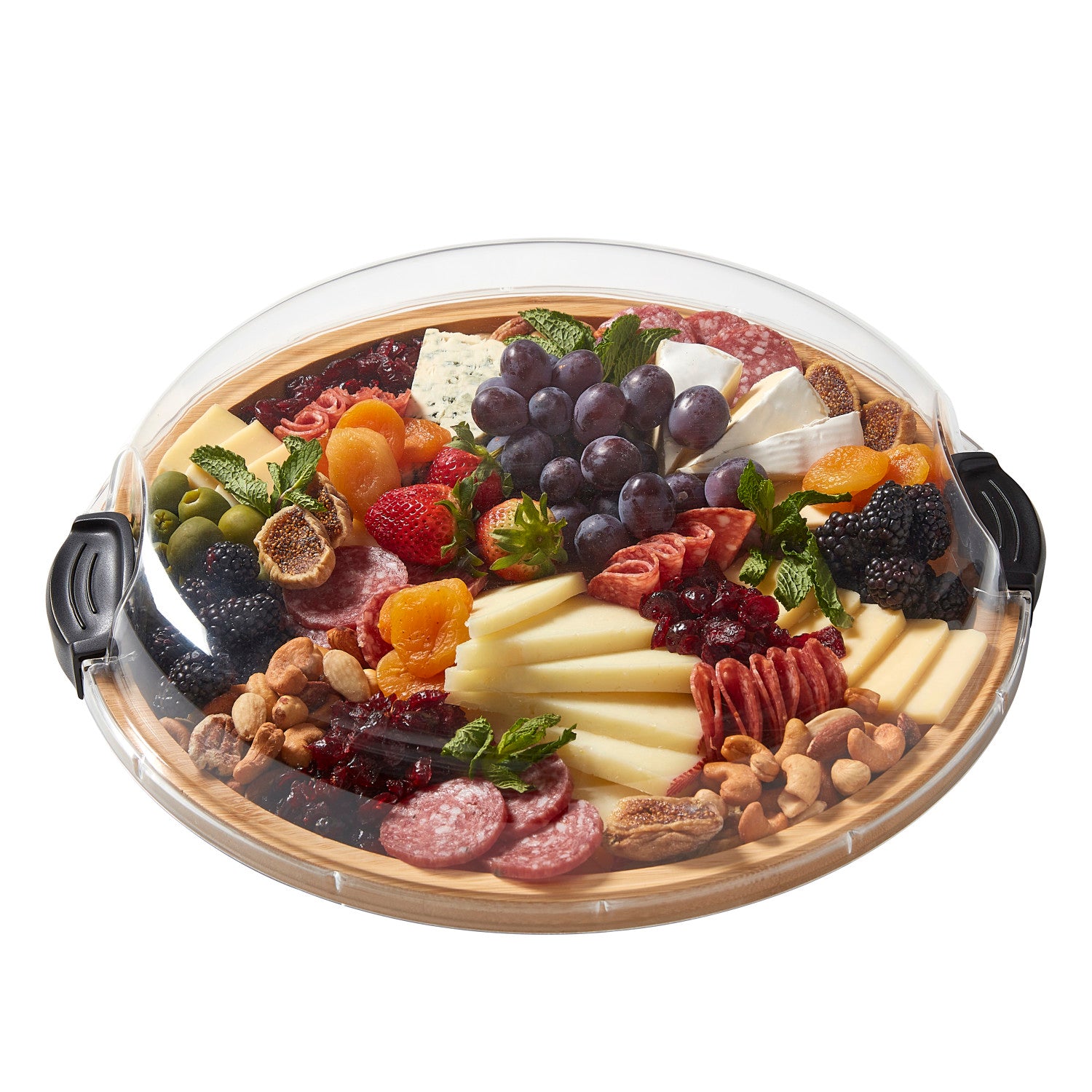 Farberware Bamboo Round Serving Board - lid open for entertaining