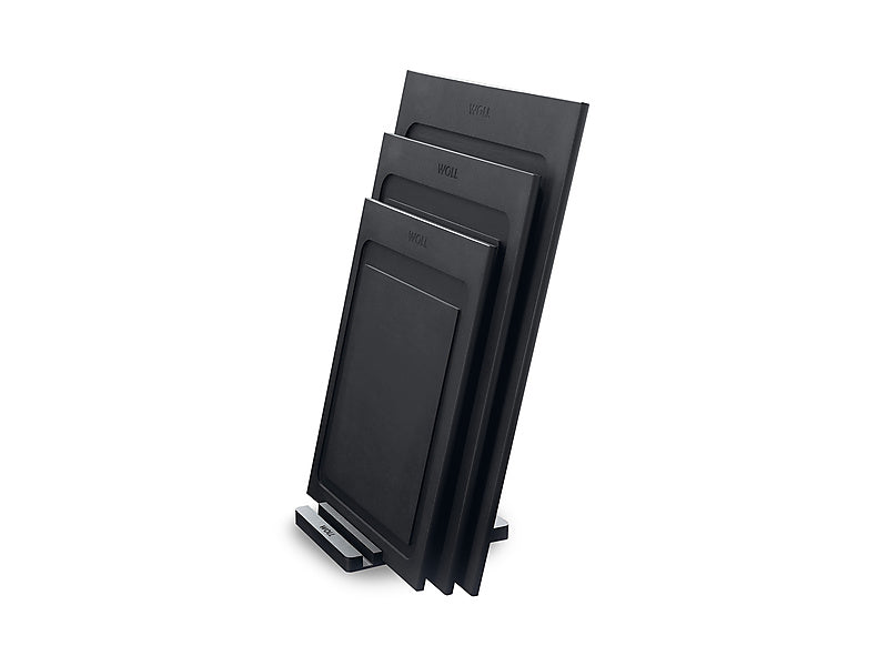 Woll Cut & Serve Board Black 30x22x0.7cm - angled view showing juice groove