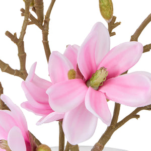 Pink mini magnolia sphere vase styled on a shelf