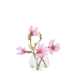 Mini magnolia faux arrangement in glass sphere vase, pink