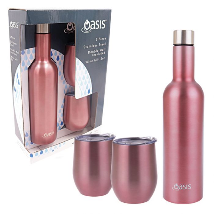 Oasis 3 Piece Stainless Steel Double Wall Insulated Wine Traveller Gift Set - Rosé