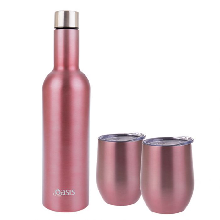Oasis 3 Piece Stainless Steel Double Wall Insulated Wine Traveller Gift Set - Rosé