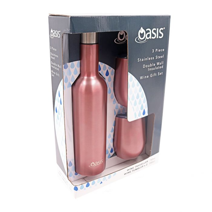 Oasis 3 Piece Stainless Steel Double Wall Insulated Wine Traveller Gift Set - Rosé