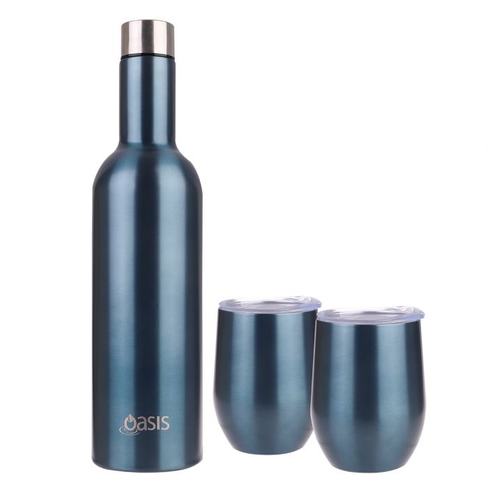 Oasis 3 Piece Stainless Steel Double Wall Insulated Wine Traveller Gift Set - Sapphire