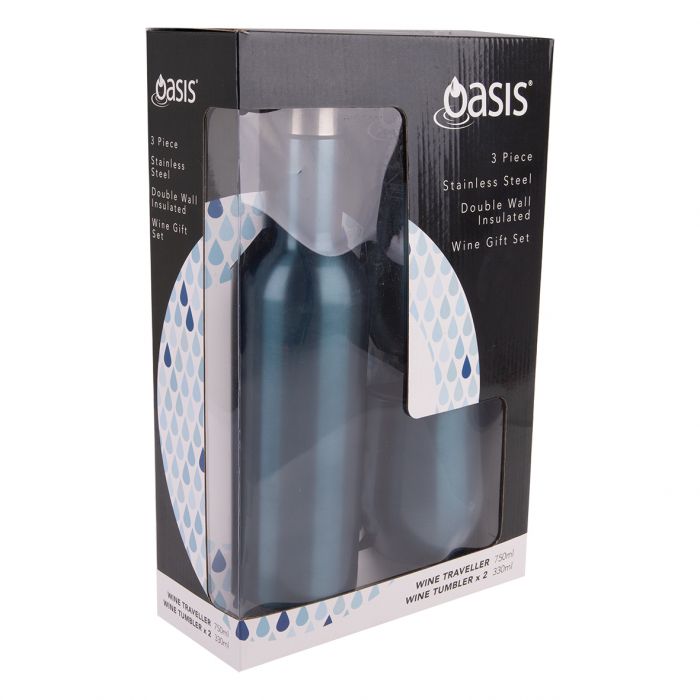 Oasis 3 Piece Stainless Steel Double Wall Insulated Wine Traveller Gift Set - Sapphire